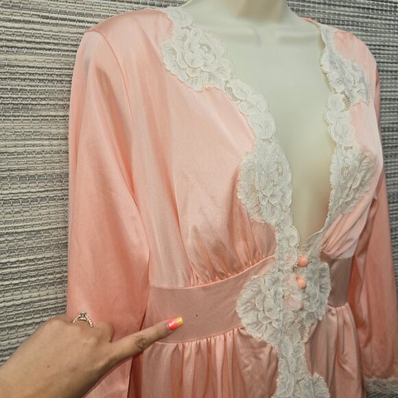 VTG Komar Baby Doll Nightgown Robe Peach Ivory Lace Long Sleeve Coquette Sexy - Picture 5 of 11
